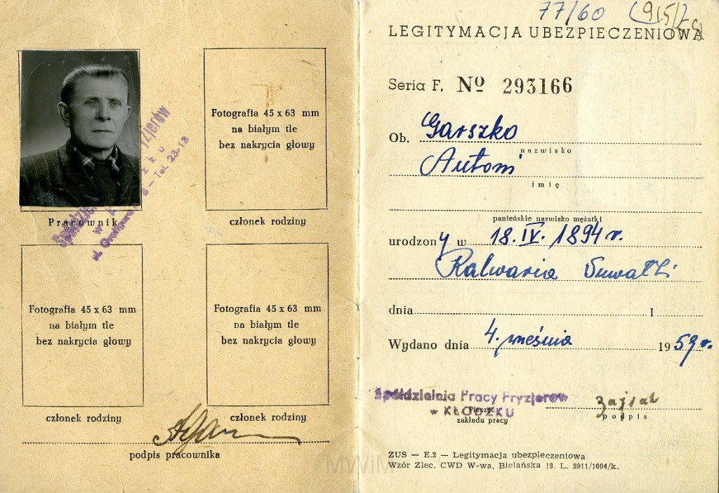 KKE 5816-2.jpg - Dok. Legitymacja Ubezpieczeniowa dla Antoniego Graszko, Kłodzko, 4 IX 1959 r.